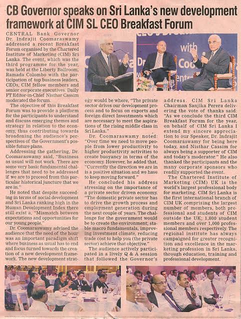 CB Governor speaks on Sri Lanka's new development framework at CIM SL CEO Breakfast Forum